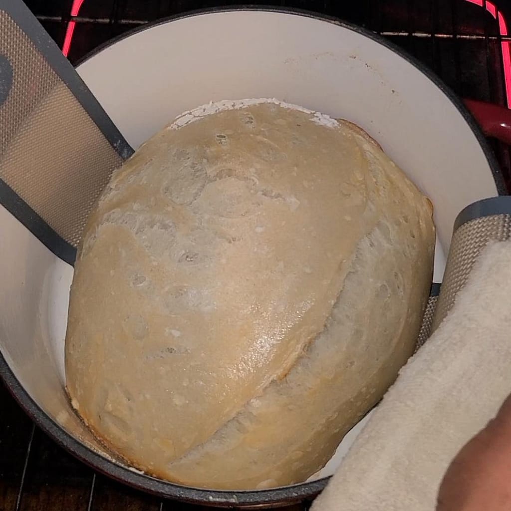 This image depicts half done sourdough loaf in a dutch oven.