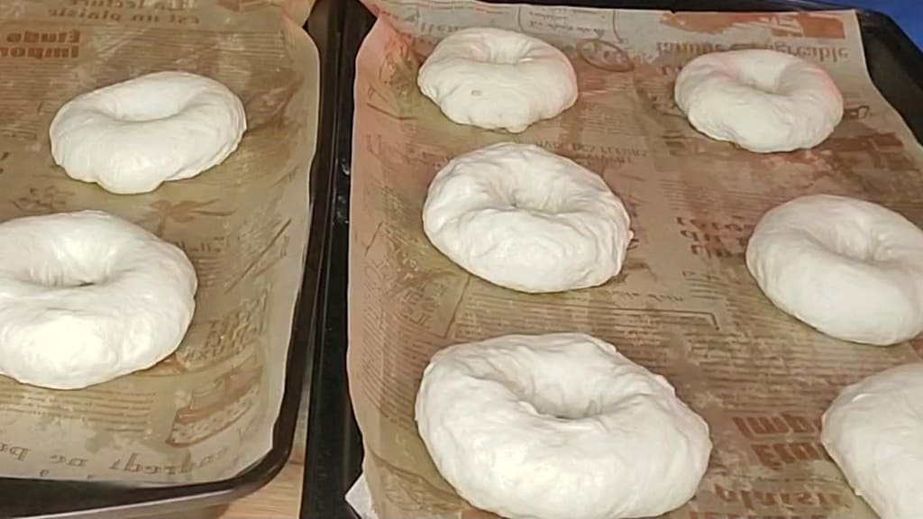 This image depicts bagels that have not been boiled yet. They are being allowed to rise on parchment paper.