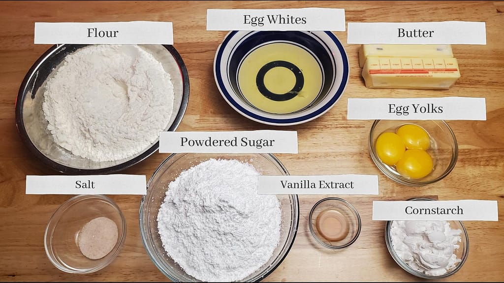 This image depicts almost all the required ingredients to complete the valentines day cookie recipe featured on lesliecooks.com.