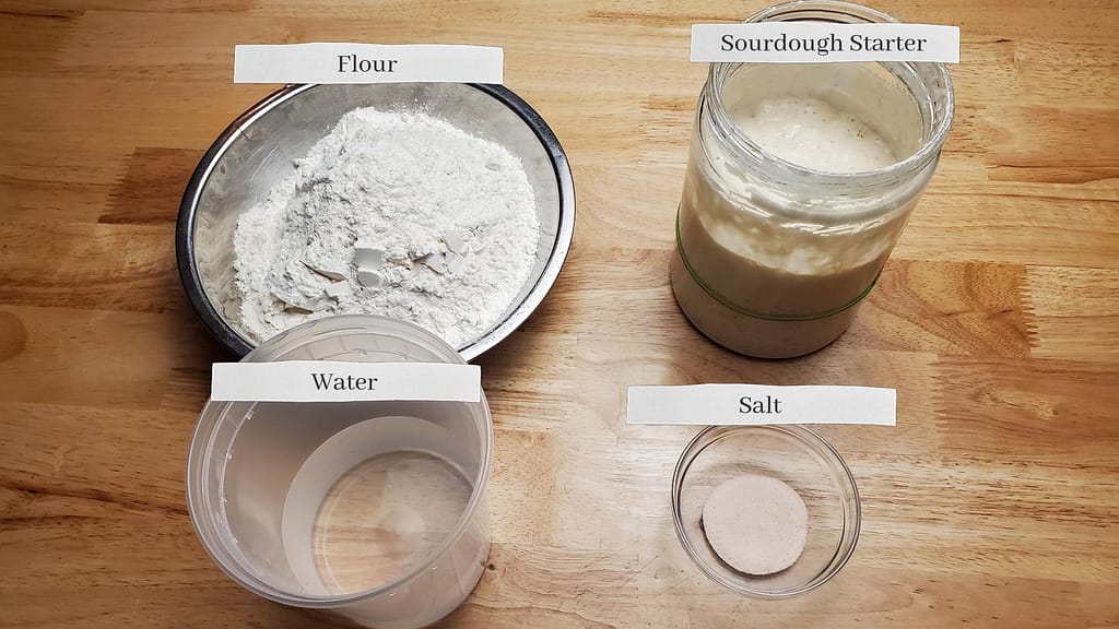 This image depicts the necessary ingredients to make the sourdough recipe as described by this blog post.