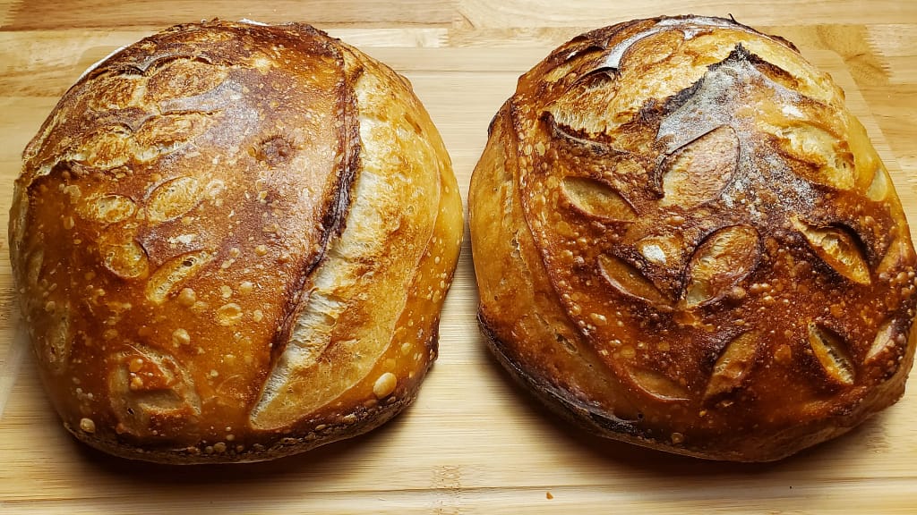 This is a picture of two boules of sourdough bread. It demonstrates the results of using the recipe on this article.