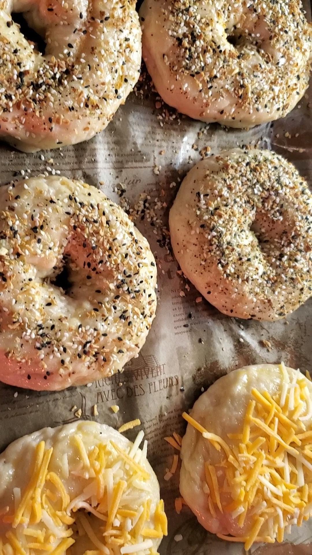 This image depicts two types of savory classic bagels. There is the everything bagel and the cheddar bagel. They are unbaked on decorative parchment paper.