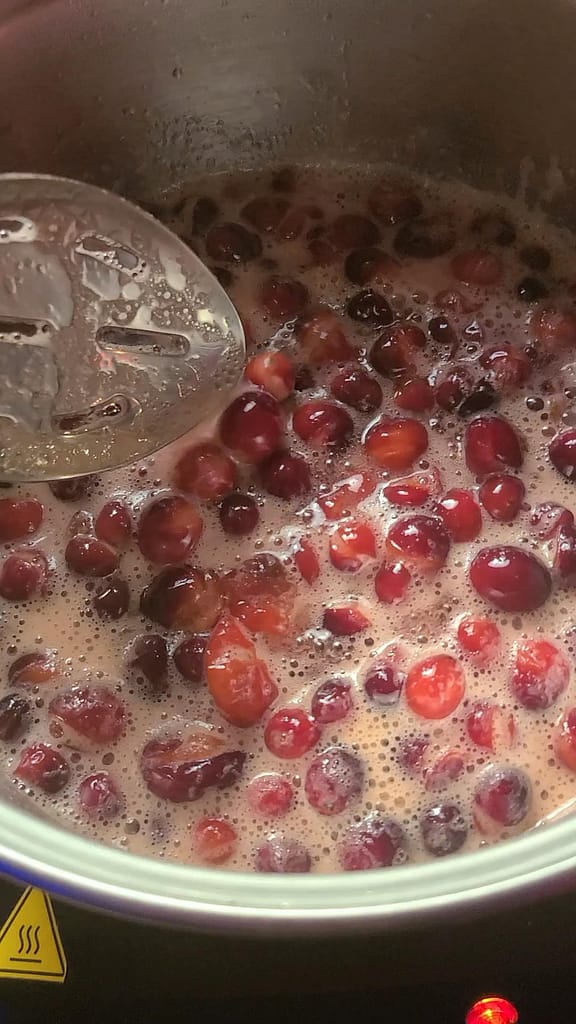 This image depicts cranberries boiling in sugared water until they burst. This is part of the recipe describe on lesliecooks.com for making cranberry sauce