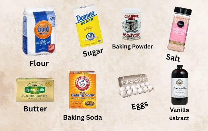 This image depicts almost all the ingredients needed to make the Jumbo Sugar Cookie recipe described on this recipe blog post on lesliecooks.com. From left to right- Flour, sugar, baking powder, salt, butter, baking soda, eggs, and vanilla extract.