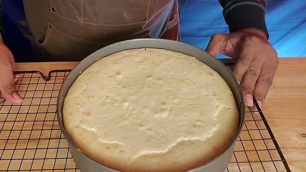 This image depicts the baked cheesecake as described by this blog post. The cheesecake is bare and has not been garnished.