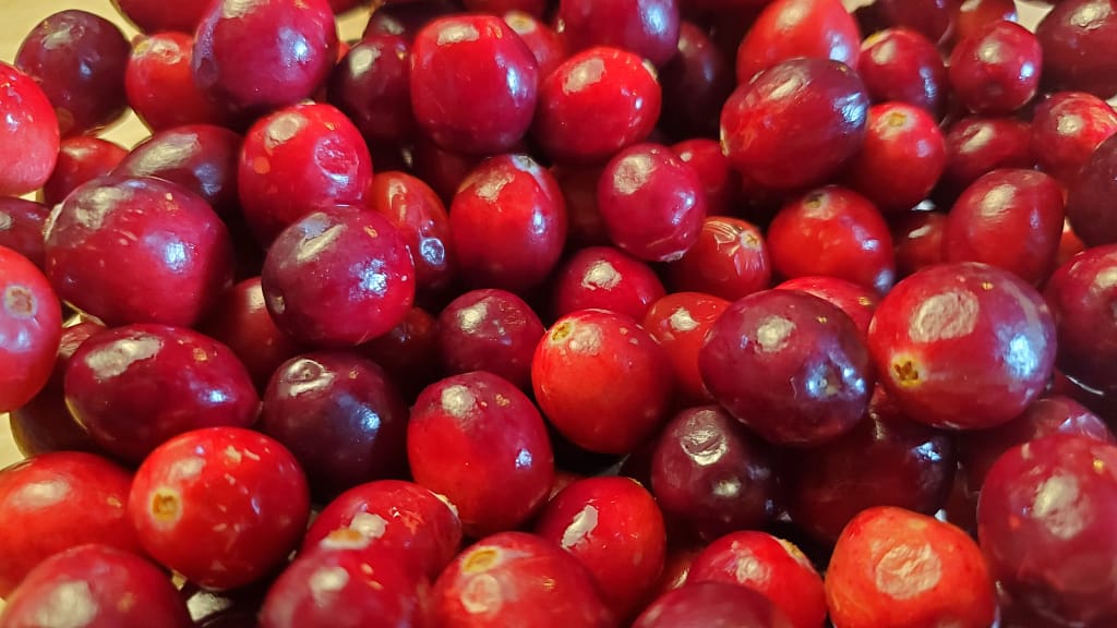 This image depicts a closeup of fresh cranberries in a bowl. They are used to make the cranberry sauce recipe describes on blog post on lesliecooks.com. 