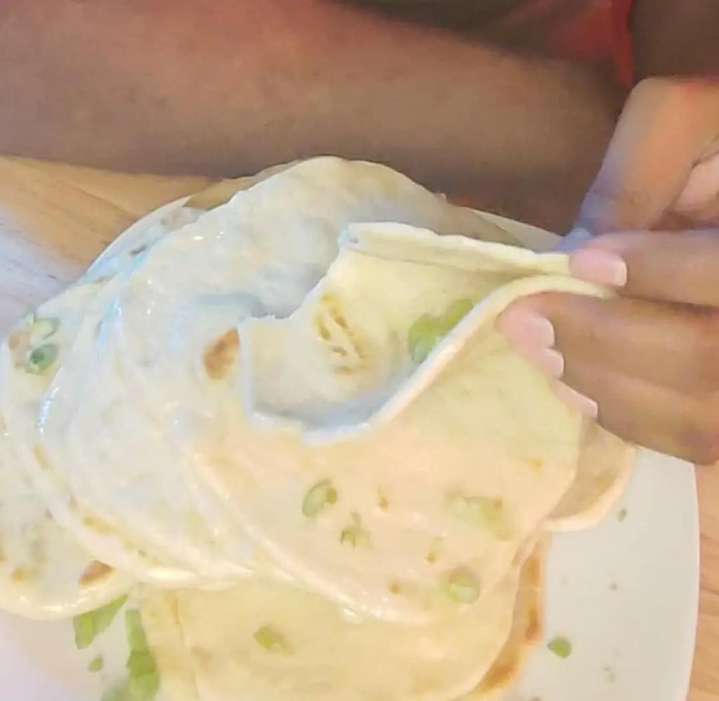 This image depicts hand holding Fluffy garlic butter naan that has been partially eaten.  Naan is on a white plate and garnished with green onions. 