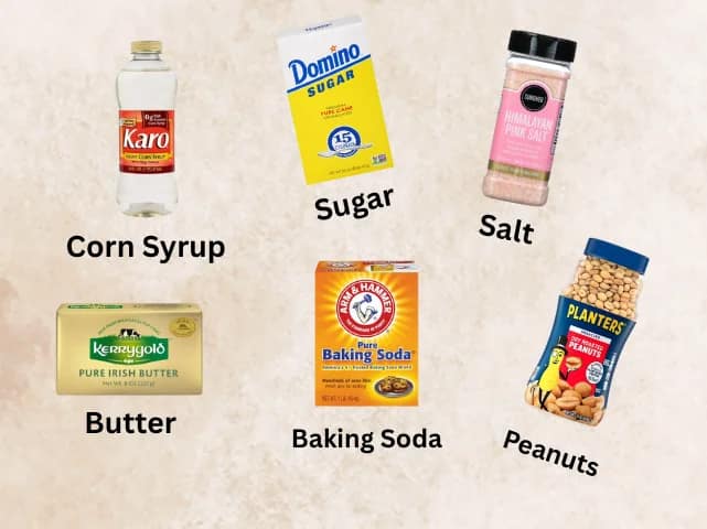 This is a picture of the main ingredient described in this recipe for peanut brittle. It depicts corn syrup, granulated sugar, salt, butter, baking soda, and peanuts