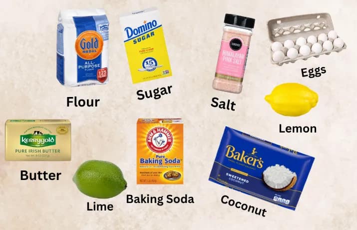 This image depicts most of the important ingredients used in the recipe for the coconut lemon lime cookies as described by this blog post of lesliecooks.com.