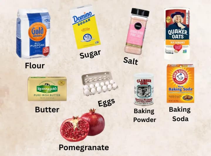 This image depicts some of the ingredients used in the recipe for pomegranate cookies as described by this blog post on lesliecooks.com. From left to right- Flour, sugar, salt, oats, butter, eggs, baking powder, baking soda, and pomegranate.