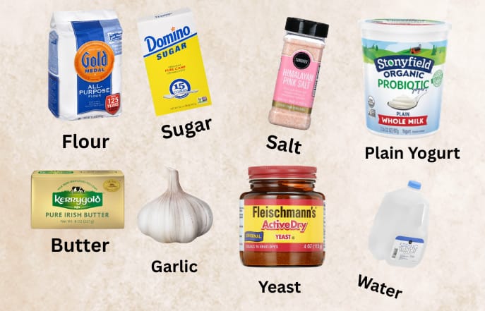 This image depicts most of the ingredient necessary to make the naan recipe listed on this blog.